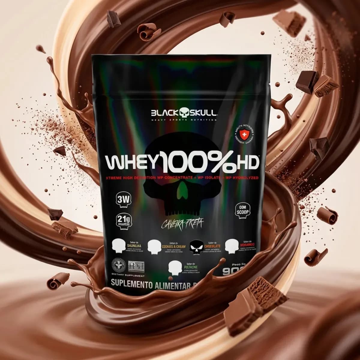 Black Skull Whey Black Skull 100% Hd Refil 900g Caveira Preta Sabor Chocolate