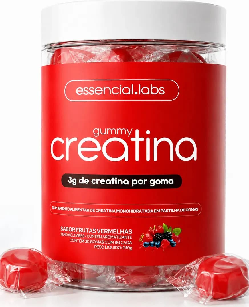 Essencial Labs GUMMY de CREATINA PURA com 3g de Creatina por Gummy - 30 Doses - Sabor Frutas Vermelhas