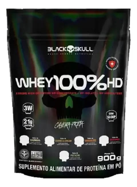 Black Skull Whey Protein 3w Black Skull 900g Refil 100% Hd Concentrado Sabor Baunilha