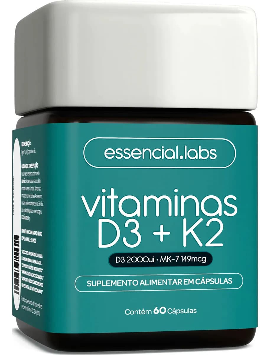 Essencial Labs VITAMINA D3 + K2 Menaquinona-7 - Fórmula com Máxima Concentração e Biodisponibilidade - 60 Cápsulas